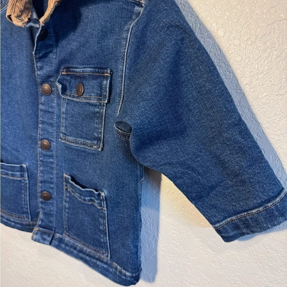 H&M Blue Denim Chore Jacket Button Front Corduroy Collar Trendy Coat Size 3T - Picture 2 of 5